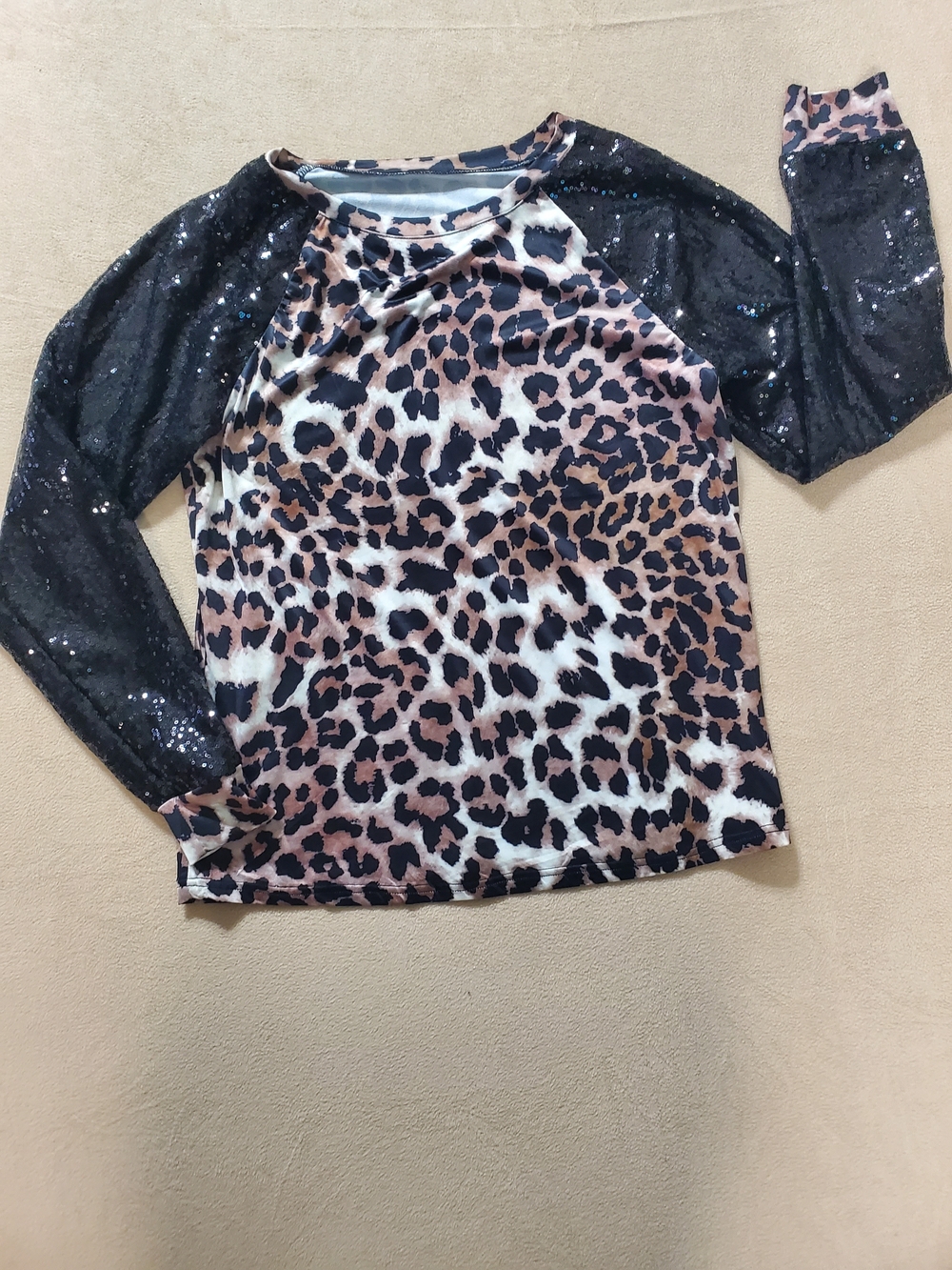 Girls Leopard Print Top with Black Sequin Raglan Sleeves
